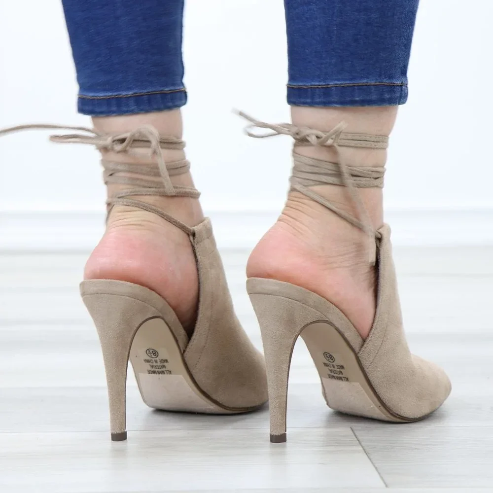 Tan Faux Suede Open Toe Ankle Laces High Heeled Sandals - Picture 4 of 12